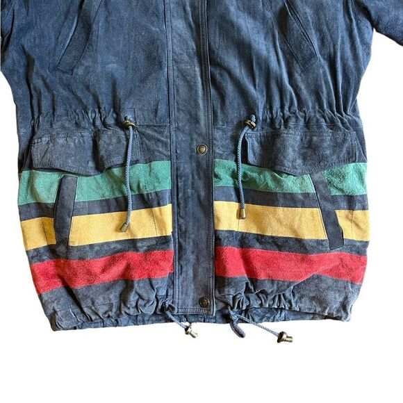 Vintage 90s Outerwear G-III Large Leather Blue Striped Bomber Jacket Coat - Picture 3 of 10
